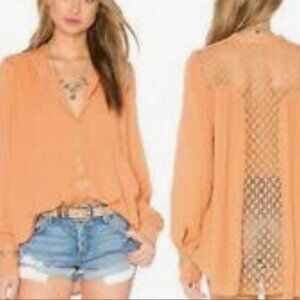 Free People Shirt Tangerine Best Button Front Blouse XS Relaxed Crochet Back